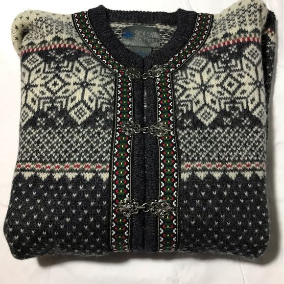Vintage 80s wool fair isle Nordic snowflake grey womens S cardigan pewter clasps - Picture 13 of 13